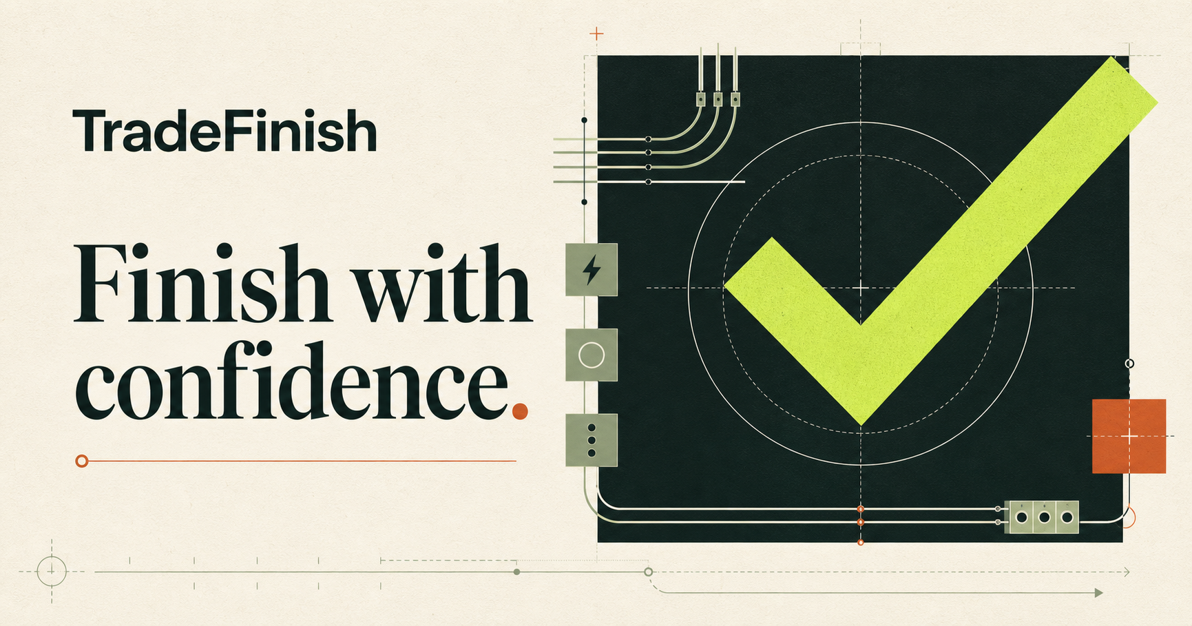 Editorial TradeFinish illustration showing a connected control system and a lime completion mark.